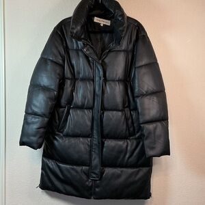 Sebby Black 3/4 Length Faux Leather Puffer Coat | Quilted Long Jacket